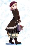  1girl bag bangs blonde_hair blush boots brown_dress brown_footwear closed_mouth commentary_request dress eyebrows_visible_through_hair from_side full_body hat holding iijima_yun long_sleeves new_game! pink_x red_eyes red_hat short_hair smile solo standing v_arms walking 