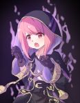  1girl aura belt black_gloves blush cosplay dark_aura fire_emblem fire_emblem:_kakusei fire_emblem_heroes fire_emblem_if gimurei gimurei_(cosplay) gloves hood hood_up long_sleeves open_mouth pink_hair red_eyes robe sakura_(fire_emblem_if) short_hair solo transistor wide_sleeves 