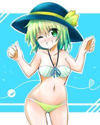  1girl absurdres bikini blue_background blue_hat cowboy_shot gluteal_fold green_eyes green_hair hat highres komeiji_koishi looking_at_viewer mismatched_bikini open_mouth solo striped_bikini_top swimsuit touhou two-tone_background wavy_hair white_background yellow_bikini_bottom yuki_nana 