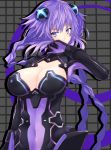  1girl absurdres blue_eyes braid breasts cleavage cleavage_cutout covered_navel d-pad d-pad_hair_ornament hair_ornament hand_in_front_of_face hand_up highres large_breasts leotard long_hair looking_at_viewer neptune_(series) power_symbol purple_hair purple_heart shishin_(shishintei) skin_tight solo symbol-shaped_pupils twin_braids twintails upper_body very_long_hair 