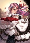  1girl alternate_costume artist_request asymmetrical_bangs bangs blurry blurry_background blush bouquet bow bow_choker braid choker closed_mouth clouds collarbone cowboy_shot dress elbow_gloves evening floating_hair flower girls_frontline gloves hair_between_eyes hair_bow hair_ornament hair_ribbon hairclip hand_to_own_head hexagram highres holding holding_bouquet jewelry lace_trim layered_dress long_hair looking_at_viewer negev_(girls_frontline) one_side_up outdoors petals pink_hair railing red_bow red_eyes red_flower red_ribbon red_rose ribbon ring rose side_braid smile solo star_of_david wide_sleeves wind wind_lift 