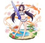  1girl :d ahoge armpits bangs barefoot bikini choker collarbone faux_figurine flat_chest floating_hair flower full_body hair_ribbon hairband hibiscus holding layered_bikini lolita_hairband long_hair looking_at_viewer navel official_art open_mouth outstretched_arm pointy_ears purple_hair red_eyes red_flower red_ribbon ribbon simple_background smile solo standing swimsuit sword_art_online sword_art_online:_code_register twintails very_long_hair white_background white_bikini yuuki_(sao) 