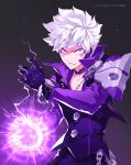  1boy add_(elsword) bracelet chains choker clenched_hand collared_shirt elsword energy epaulettes facial_tattoo gloves grin highres jewelry lunatic_psyker_(elsword) necklace pixel_(monorainy) purple_shirt shirt smile tattoo vest violet_eyes white_hair 