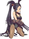  1girl animal_ears bare_shoulders black_footwear black_hair black_hairband black_legwear black_leotard blue_eyes breasts brown_legwear bunnysuit choker claw_(weapon) cleavage closed_mouth coattails collarbone dragon_quest dragon_quest_xi eyebrows_visible_through_hair eyelashes eyes_visible_through_hair fake_animal_ears fishnet_pantyhose fishnets frown hairband heart heart_choker high_heels highres kneeling large_breasts leotard long_hair martina_(dq11) moyamu pantyhose ponytail rabbit_ears red_choker shoes simple_background solo spikes very_long_hair weapon white_background 
