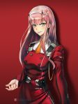  1girl absurdres bad_id bad_pixiv_id belt candy character_name copyright_name darling_in_the_franxx drop_shadow eyeshadow food green_eyes hairband highres horns jacket lollipop long_hair looking_at_viewer makeup mouth_hold murasaki_saki parted_lips pink_hair red_background red_jacket simple_background smile solo standing uniform upper_body zero_two_(darling_in_the_franxx) 