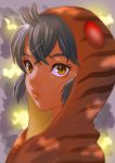  1girl bangs brown_eyes grey_hair hood hood_up kemono_friends looking_at_viewer parted_lips portrait roonhee short_hair slit_pupils solo striped tsuchinoko_(kemono_friends) 