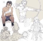  2boys berserker bow_(weapon) centaur chiron_(fate) closed_eyes drawing_bow fate/apocrypha fate/stay_night fate_(series) long_hair male_focus monster_boy multiple_boys one_eye_closed ponytail short shorts simple_background sitting spoken_squiggle squiggle weapon wet white_background younger 