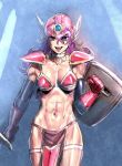  1girl :d armor bikini_armor blue_background blue_eyes bow_(bhp) character_request choker copyright_request cowboy_shot elbow_gloves gloves hair_between_eyes helmet holding holding_shield holding_sword holding_weapon looking_at_viewer muscle muscular_female navel open_mouth pelvic_curtain purple_hair shield sketch smile solo spaulders standing sword thigh-highs weapon white_choker winged_helmet 
