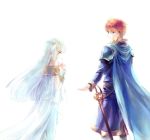  1boy 1girl blue_eyes blue_hair blush cape dress eliwood_(fire_emblem) fire_emblem fire_emblem:_rekka_no_ken headband kuzumosu long_hair mamkute ninian red_eyes redhead short_hair 