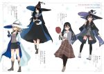  4girls :d azuuru bare_legs black_cape black_hair black_hat black_legwear black_shorts black_skirt blonde_hair blue_cape blue_eyes blush boots bracelet breasts brown_footwear brown_shirt brown_shorts brown_skirt cape character_name character_profile cigarette collarbone collared_shirt english eyebrows_visible_through_hair fran_(majo_no_tabitabi) green_eyes grey_jacket hair_between_eyes hair_over_one_eye hand_in_pocket hat hat_removed headwear_removed hexagram highres holding holding_cigarette holding_hat holding_wand jacket jewelry large_breasts long_hair long_skirt looking_at_viewer low_ponytail majo_no_tabitabi medium_breasts mina_(majo_no_tabitabi) mole mole_under_eye multicolored multicolored_cape multicolored_clothes multicolored_footwear multiple_girls neck_ribbon official_art open_mouth pantyhose parted_lips plaid plaid_skirt ponytail print_cape purple_cape purple_footwear red_hat red_neckwear red_ribbon ribbon saya_(majo_no_tabitabi) sheila_(majo_no_tabitabi) shirt short_hair shorts skirt smile socks sparkle_background thigh-highs translation_request v wand white_cape white_footwear white_hat white_shirt witch_hat 