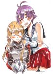  2girls anchor_hair_ornament antenna_hair blonde_hair blush breasts closed_eyes gloves hair_ornament kantai_collection large_breasts long_hair military military_uniform multiple_girls necktie open_mouth pleated_skirt prinz_eugen_(kantai_collection) purple_hair red_skirt sagamiso sakawa_(kantai_collection) school_uniform serafuku shirt short_hair simple_background skirt sleeveless sleeveless_shirt twintails uniform white_background white_gloves 