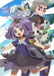  1boy 1girl acerola_(pokemon) alolan_form alolan_meowth armlet black_jacket blue_sky blush_stickers clouds day dress elite_four flipped_hair gen_1_pokemon gen_7_pokemon gengar grey_hair hair_ornament highres island_kahuna jacket kingin kuchinashi_(pokemon) mimikyu multicolored multicolored_clothes multicolored_dress one_eye_closed pokemon pokemon_(anime) pokemon_(creature) pokemon_sm_(anime) purple_hair red_eyes short_hair sky stitches trial_captain violet_eyes 