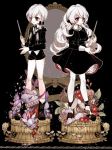  2girls black_background black_bow black_dress black_footwear black_hoodie boots bow chino_machiko closed_mouth dress hair_bow high_heels holding hood hood_down long_sleeves mirror multiple_girls original short_shorts shorts smile standing violet_eyes white_hair 