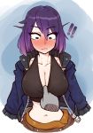  !! 1girl @_@ black_eyes blush breasts cleavage closed_mouth collarbone embarrassed half-closed_eyes jacket large_breasts long_sleeves looking_at_viewer midriff navel original purple_hair shirt_pull short_hair solo surprised sweat tank_top tenk upper_body wide-eyed 