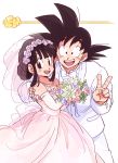 1boy 1girl :d bare_shoulders black_eyes black_hair bouquet bow bowtie chi-chi_(dragon_ball) commentary_request couple dragon_ball dragon_ball_(classic) dress elbow_gloves eyelashes fingernails flower flying_nimbus formal gloves happy hetero highres holding image_sample jewelry looking_at_viewer necklace open_mouth pearl_necklace pink_dress pink_flower purple_flower rose short_hair simple_background sleeveless sleeveless_dress smile son_gokuu spiky_hair suit tied_hair tkgsize twitter_sample v veil wedding_dress white_background white_flower white_rose white_suit 