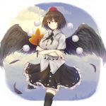  1girl alder black_hair black_legwear black_skirt breasts closed_mouth crossed_arms eyebrows_visible_through_hair hat large_breasts leaf looking_at_viewer maple_leaf red_eyes red_hat shameimaru_aya short_hair short_sleeves skirt smile solo thigh-highs tokin_hat touhou wings 