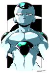  1boy black_background commentary dragon_ball dragonball_z expressionless frieza from_below kokusoji looking_at_viewer male_focus red_eyes serious shaded_face simple_background standing tail twitter_username two-tone_background upper_body white_background 