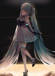  1girl absurdly_long_hair aqua_eyes aqua_hair arms_behind_back dress elbow_gloves eyebrows_visible_through_hair fingerless_gloves gloves hatsune_miku high_heels highres interlocked_fingers long_hair looking_at_viewer moegi0926 smile solo thigh-highs twintails very_long_hair vocaloid 