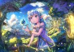  1girl absurdres bangs bare_shoulders blue_eyes blue_hair clouds collarbone elf fantasy forest green_eyes highres huge_filesize looking_at_another mountain multicolored multicolored_eyes nattorin nature original pointy_ears scenery sky tree upper_body 