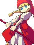  1girl bangs blonde_hair blue_eyes blunt_bangs bracelet braid closed_mouth dragon_quest dragon_quest_xi dress hat highres holding holding_staff jewelry long_hair looking_at_viewer moyamu puffy_short_sleeves puffy_sleeves red_hat short_sleeves simple_background smile solo staff twin_braids veronica_(dq11) white_background white_dress 