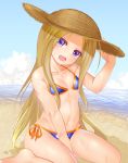  1girl :d abigail_williams_(fate/grand_order) bare_arms bare_legs bare_shoulders barefoot beach between_legs bikini blonde_hair blue_bikini blue_sky blush breasts brown_hat clouds collarbone commentary_request day eyebrows_visible_through_hair eyes_visible_through_hair fate/grand_order fate_(series) hand_on_headwear hand_up hat head_tilt highres horizon long_hair looking_at_viewer miyajima_(anthem-anthem) navel ocean open_mouth orange_bikini outdoors sand shadow shiny shiny_skin side-tie_bikini sidelocks sitting sky small_breasts smile solo stomach straight_hair straw_hat string_bikini summer swimsuit very_long_hair violet_eyes wariza wet 