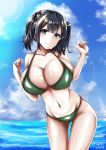  bangs bare_arms bare_shoulders bikini bird blue_eyes blue_hair blue_sky blush breasts cleavage clouds collarbone cowboy_shot dated eyebrows_visible_through_hair green_bikini hair_between_eyes hair_ribbon hands_up head_tilt highres kantai_collection large_breasts leaning_forward looking_at_viewer nakura_haru navel ocean outdoors remodel_(kantai_collection) ribbon short_hair sidelocks signature sky smile solo souryuu_(kantai_collection) stomach swimsuit thighs twintails 