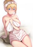  1girl arm_support between_breasts blend_s blonde_hair blue_eyes blush breasts closed_mouth collarbone eyebrows_visible_through_hair hair_between_eyes hair_up hand_between_breasts highres hinata_kaho large_breasts lun7732 naked_towel nose_blush sitting smile solo towel wet white_background 
