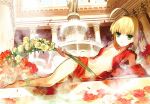  1girl absurdres ahoge anklet architecture bangs barefoot blonde_hair braid center_opening closed_mouth column fate/extra fate_(series) flat_chest flower fountain full_body green_eyes hair_flower hair_ornament highres holding huge_filesize jewelry legs looking_at_viewer lying navel nero_claudius_(fate) nero_claudius_(fate)_(all) official_art on_side open_clothes petals pillar scan solo wada_aruko water 
