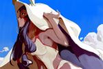  1girl animal_ears bed_sheet blue_sky commission dark_skin earrings fate/grand_order fate_(series) hoop_earrings jackal_ears jewelry jpeg_artifacts long_hair necklace nitocris_(fate/grand_order) nitocris_(swimsuit_assassin)_(fate) odsheels purple_hair sidelocks sky solo swimsuit very_long_hair violet_eyes white_swimsuit 