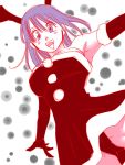  1girl :d armpits bare_shoulders blush_stickers breasts bulma christmas christmas_dress cowboy_shot dragon_ball dragonball_z dress elbow_gloves eyebrows_visible_through_hair floating_hair gloves happy horns kuri_(pienu) long_hair looking_at_viewer open_mouth purple_hair red_dress simple_background sleeveless smile solo_focus upper_body violet_eyes white_background 