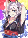  1girl :d animal_ears armpits arms_behind_head arms_up blue_eyes breasts cat_ears cleavage fake_animal_ears hair_ornament hairclip highres japanese_clothes kaguya_luna kaguya_luna_(character) kimono looking_at_viewer open_mouth smile teeth tomas_(kaosu22) twintails virtual_youtuber white_hair 