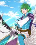  1girl belt belt_pouch blue_eyes blue_gloves blue_legwear blue_sky breastplate clouds day fingerless_gloves fire_emblem fire_emblem:_rekka_no_ken fire_emblem_heroes gloves green_hair hairband highres long_sleeves nekolook nino_(fire_emblem) one_eye_closed open_mouth pegasus pegasus_knight pouch riding short_hair shoulder_armor sky solo 