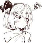  1girl asutora bare_shoulders blush collarbone commentary_request covering covering_breasts eyebrows_visible_through_hair greyscale hair_ornament hairband hand_up konpaku_youmu looking_away looking_to_the_side monochrome naked_towel short_hair solo squiggle touhou towel upper_body 