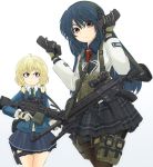  2girls acog aqua_eyes assault_rifle between_breasts bipod blonde_hair blue_hair brown_legwear bullet commentary_request gloves gradient gradient_background graphite_(medium) gun heckler_&amp;_koch highres hk416 holster holstered_weapon ichigotofu load_bearing_vest m249 m27_iar machine_gun magazine_(weapon) mechanical_pencil military multiple_girls necktie original pantyhose pencil red_eyes reflex_sight rifle strap_cleavage thigh_holster traditional_media vertical_foregrip weapon 