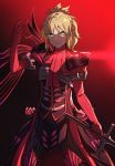  1girl antonio_salieri_(fate/grand_order) antonio_salieri_(fate/grand_order)_(cosplay) armor blonde_hair braid cosplay elbow_gloves fate/grand_order fate_(series) gloves green_eyes grin hand_up holding holding_weapon hsin legs_apart looking_at_viewer mordred_(fate) mordred_(fate)_(all) red red_background short_hair smile solo spaulders standing weapon 
