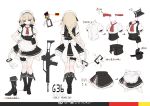  1girl apron assault_rifle bangs black_footwear blonde_hair blue_eyes blush boots braid breasts character_name closed_mouth corset cropped_jacket dress eyebrows_visible_through_hair g36 g36_(girls_frontline) german_flag girls_frontline gloves gradient_hair gun hair_between_eyes hair_ornament hand_on_hip highres knee_boots leg_garter long_hair looking_at_viewer maid maid_apron maid_headdress medium_breasts multicolored_hair multiple_views neck_ribbon pouch puffy_short_sleeves puffy_sleeves red_ribbon ribbon rifle short_sleeves shuzi sidelocks simple_background single_braid sleeveless_jacket solo thighs tsurime very_long_hair weapon white_gloves 