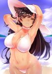  1girl alternate_costume armpits arms_behind_head arms_up atago_(azur_lane) azur_lane bangs beach between_legs bikini black_hair blue_sky blurry blurry_background blush breasts brown_eyes chiha_(abo_ecm_mk25) cleavage clouds curvy day eyebrows_visible_through_hair groin hair_ornament hair_ribbon half-closed_eyes hand_between_legs hat highres large_breasts long_hair looking_at_viewer mole mole_under_eye navel ocean parted_lips ponytail ribbon ripples sand sky smile solo stomach sun_hat swept_bangs swimsuit tareme thighs very_long_hair water white_bikini white_hat wide_hips wristband 