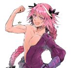  1boy 7luna :d astolfo_(fate) black_bow black_ribbon bow braid commentary_request fang fate/apocrypha fate_(series) flexing gauntlets hair_intakes hair_ribbon hand_on_hip long_braid long_hair looking_at_viewer male_focus multicolored_hair muscle open_mouth partially_undressed pink_hair pose ribbon signature simple_background single_braid smile solo streaked_hair unzipped violet_eyes white_background 