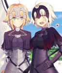  2girls absurdres ahoge armor armored_dress bangs black_dress blonde_hair blue_eyes blunt_bangs breasts chains dress enokimo_me eyebrows_visible_through_hair fate_(series) hand_on_hip highres jeanne_d&#039;arc_(alter)_(fate) jeanne_d&#039;arc_(fate) jeanne_d&#039;arc_(fate)_(all) long_hair medium_breasts multiple_girls open_mouth pixiv_fate/grand_order_contest_2 ponytail short_hair silver_hair smile standing sweatdrop upper_body yellow_eyes 