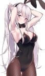  1girl animal_ears armpits arms_up artist_name azur_lane bare_shoulders black_hairband black_legwear black_neckwear bow bowtie breasts bunnysuit cleavage closed_mouth covered_navel dated enterprise_(azur_lane) fishnet_pantyhose fishnets hairband long_hair looking_at_viewer medium_breasts mimelond pantyhose rabbit_ears silver_hair simple_background solo standing violet_eyes white_background 