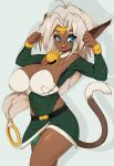 1girl aisha_clanclan animal_ears aqua_eyes arms_up bare_shoulders bell bell_collar belt breasts cat_ears circlet cleavage collar commentary dark_skin fangs hair_intakes highres huge_breasts long_hair open_mouth outlaw_star pointy_ears slit_pupils slugbox smile solo sweat tail thighs very_long_hair white_hair