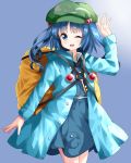  1girl ;) alternate_costume backpack bag bangs blue_dress blue_eyes blue_hair blue_shirt coat collared_shirt commentary commentary_request cowboy_shot dress eyebrows_visible_through_hair flat_cap green_hat hair_bobbles hair_ornament hand_up hat highres kawashiro_nitori key long_sleeves looking_at_viewer medium_hair one_eye_closed open_mouth pocket pouch puffy_sleeves ruu_(tksymkw) shirt short_twintails sidelocks simple_background skirt skirt_set smile solo standing strap thighs touhou twintails two_side_up undershirt 