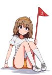  1girl asterisk_(artist) blue_eyes buruma flag hairband idolmaster idolmaster_million_live! kneehighs light_brown_hair name_tag navy_pants orange_hairband orange_pants red_flag shirt shoes sneakers socks suou_momoko white_shirt white_wristband wristband 