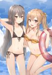  2girls alternate_costume armpits bangs bikini black_bikini blue_sky blush breasts brown_eyes brown_hair canape_(canape0130) cleavage closed_mouth clouds collarbone eyebrows_visible_through_hair flat_chest frilled_bikini frills front-tie_top girls_frontline grey_hair groin hair_between_eyes hand_in_hair holding holding_innertube innertube long_hair looking_at_viewer medium_breasts multiple_girls navel ocean one_leg_raised one_side_up open_mouth outdoors scar scar_across_eye side-tie_bikini sidelocks sky smile standing standing_on_one_leg stomach swimsuit thighs twintails ump45_(girls_frontline) ump9_(girls_frontline) v yellow_bikini yellow_eyes 