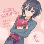  &gt;:) 1girl black_eyes black_hair blush braid character_doll dated doll_hug dutch_angle eyebrows_visible_through_hair hair_between_eyes happy_birthday highres kohiruimaki_karen llenn_(sao) long_sleeves looking_at_viewer pink_background short_hair side_braid smile solo sweater sword_art_online sword_art_online_alternative:_gun_gale_online user_pypn2283 