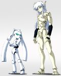  2girls android black_magic_m-66 commentary crossover drossel_von_flugel fireball_(series) fugakuhyakkei green_eyes long_hair m-66 multiple_girls no_humans oldschool robot robot_joints twintails white_hair 