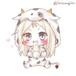  1girl :d animal_costume blue_eyes blush bottle chibi commission cow_costume cow_hood cow_tail girls_frontline grey_hair highres holding holding_bottle honyang hood hood_up long_hair looking_at_viewer milk_bottle mp5_(girls_frontline) open_mouth platinum_blonde sitting smile solo tail twitter_username v-shaped_eyebrows 