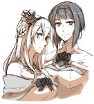  2girls ark_royal_(kantai_collection) bare_shoulders blush bob_cut braid breasts closed_mouth commentary crown dress eyebrows_visible_through_hair flower french_braid hair_between_eyes hair_ornament hairband jewelry kantai_collection long_hair looking_at_viewer mini_crown monochrome multiple_girls necklace off-shoulder_dress off_shoulder ribbon rose short_sleeves simple_background smile tiara upper_body warspite_(kantai_collection) white_background yamada_rei_(rou) 