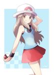  1girl bare_shoulders blue_(pokemon) blue_shirt breasts brown_eyes brown_hair closed_mouth eyebrows_visible_through_hair hat holding holding_poke_ball long_hair medium_breasts mei_(maysroom) miniskirt poke_ball poke_ball_(generic) pokemon pokemon_(game) pokemon_frlg red_skirt shirt sidelocks skirt smile solo tongue tongue_out white_hat wristband 