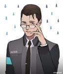  1boy black-framed_eyewear black_eyes black_jacket brown_hair commentary_request connor_(detroit) detroit:_become_human gradient gradient_background hand_up jacket kanapy long_sleeves looking_at_viewer male_focus parted_lips rain signature solo water_drop white_background 